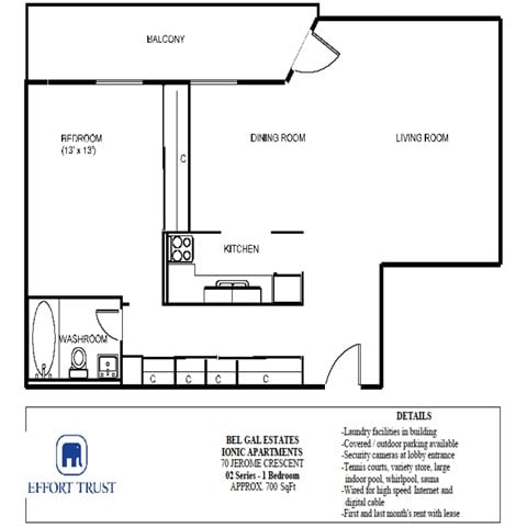 Floor plan for 1 bed, 1 bath, 720 sqft